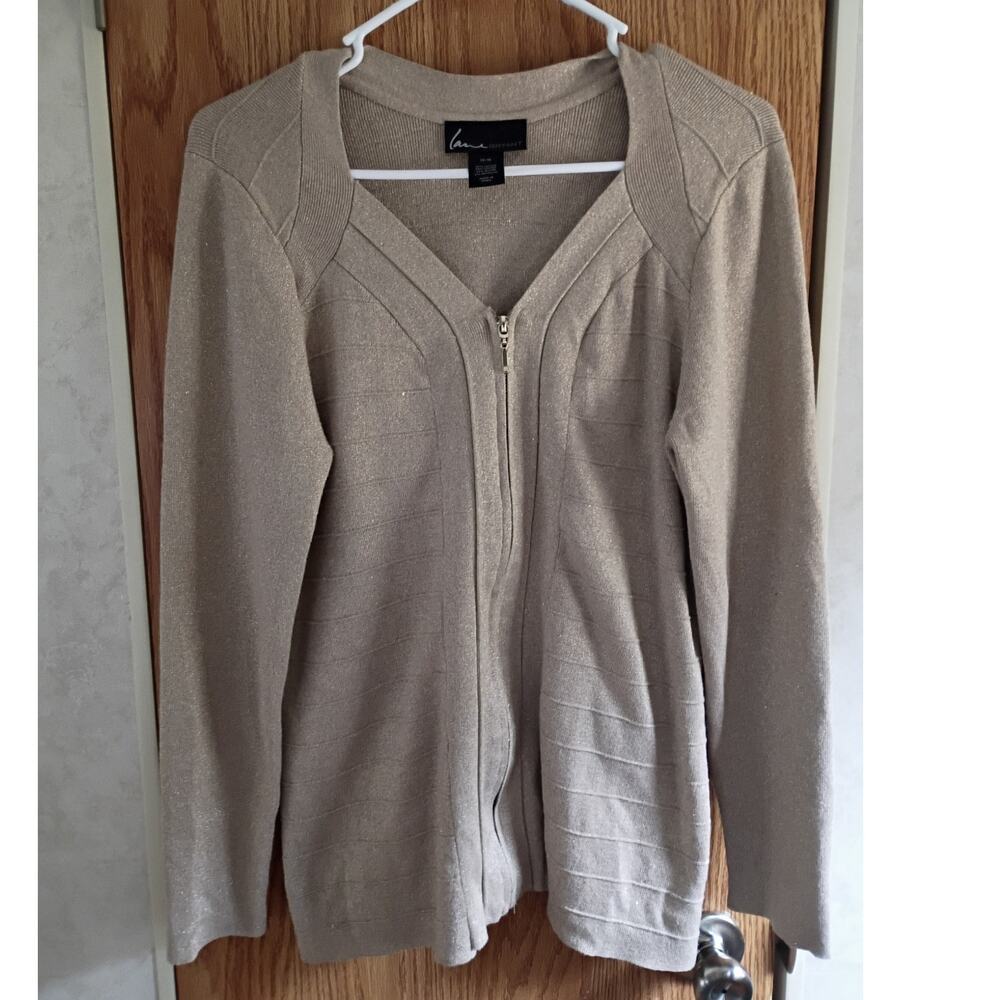 LANE BRYANT Gold Metallic Ribbed Zip Knit Cardigan 14/16 Quietlux Minimalist